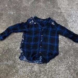 Zac & Rachel Blue and Black Plaid Button-Down Shirt with Floral Trim